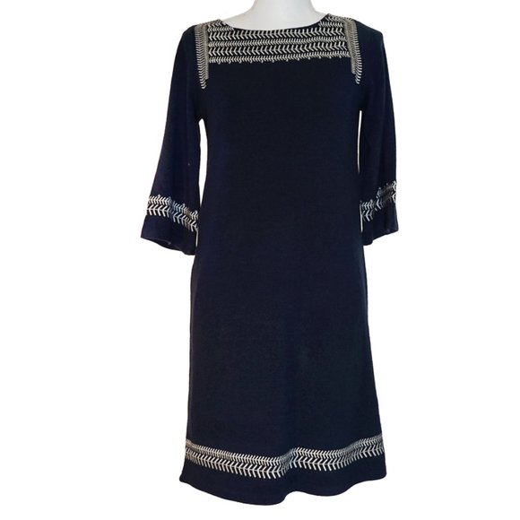Edme & Esyllte for Anthropologie Embroidered & Lined Navy Blue Sweater Dress - Picture 2 of 9